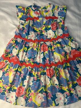 Umgee Floral Tiered Ruffle Dress - Blue, Coral & Yellow